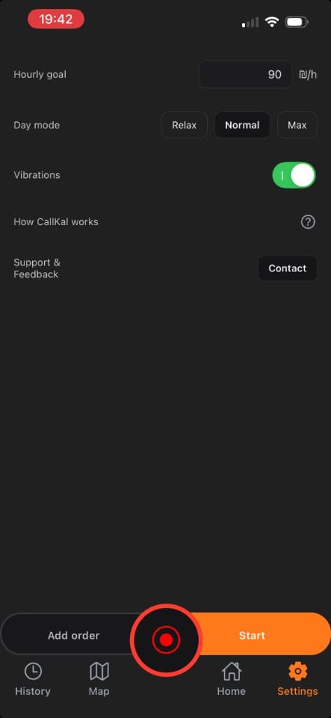 CallKal settings screen showing the hourly goal control